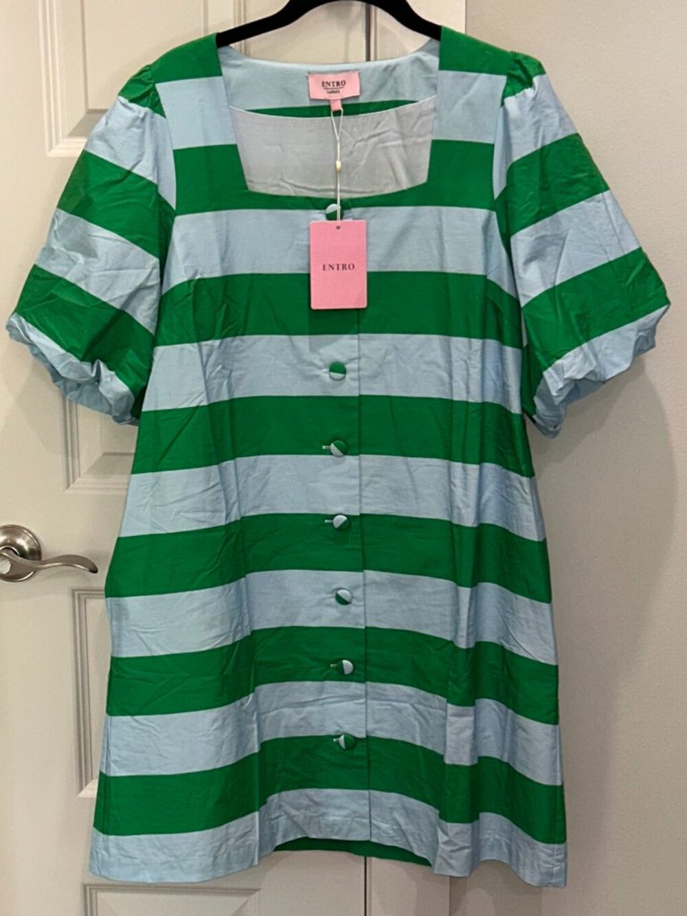 Entro Green & Blue Striped Short Sleeve Mini Dress